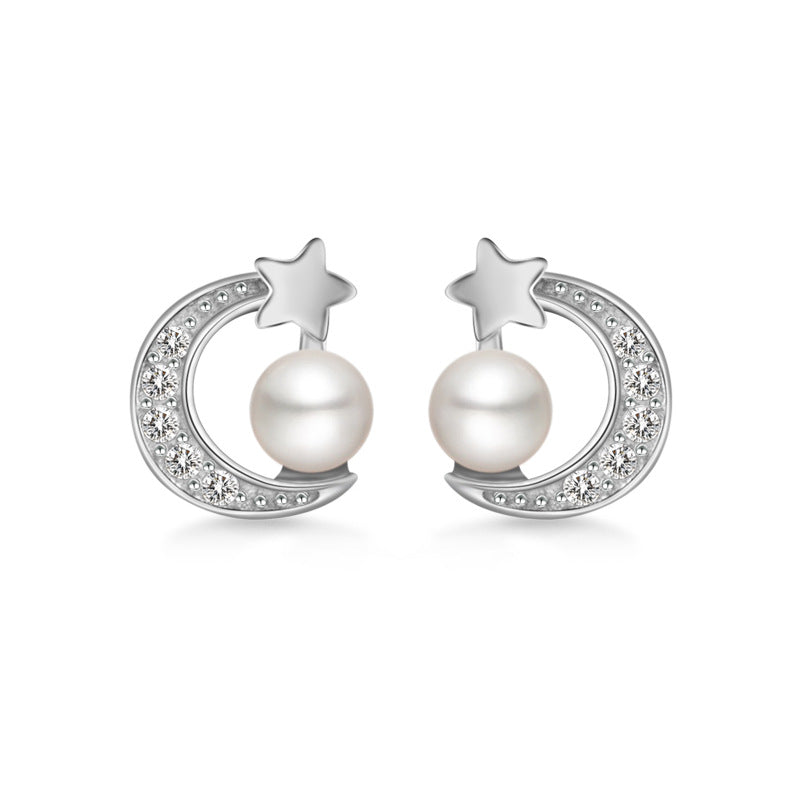 Zircon Moon Star with Freshwater Pearl D Shape Silver Stud Earrings for Women