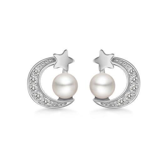 Zircon Moon Star with Freshwater Pearl D Shape Silver Stud Earrings for Women