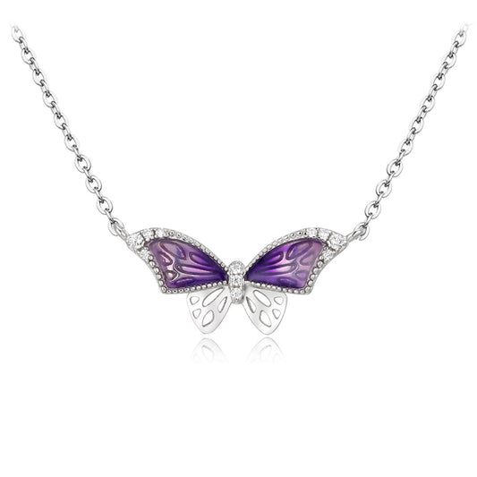 Purple Butterfly with Zircon Pendant Silver Necklace for Women