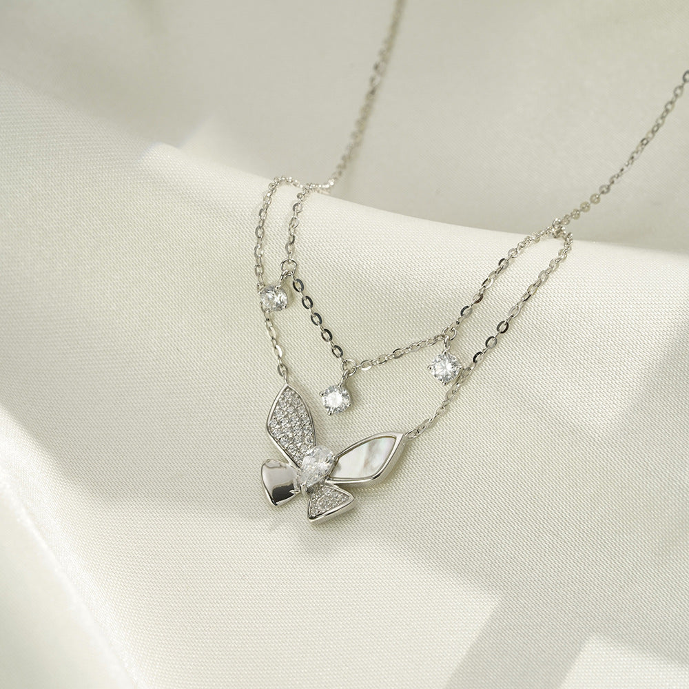(Two Colours) White Zircon Butterfly Pendants Silver Two-ply Collarbone Necklace for Women
