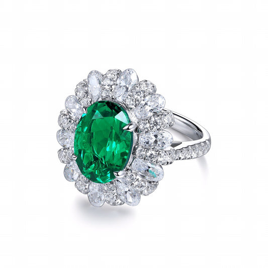 Lab-Created Emerald Oval Soleste Halo Silver Ring for Women
