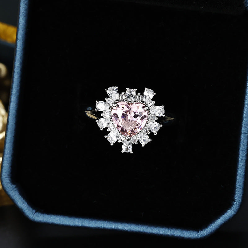 Heart-shape Pink Zircon Petal Soleste Halo Silver Ring for Women