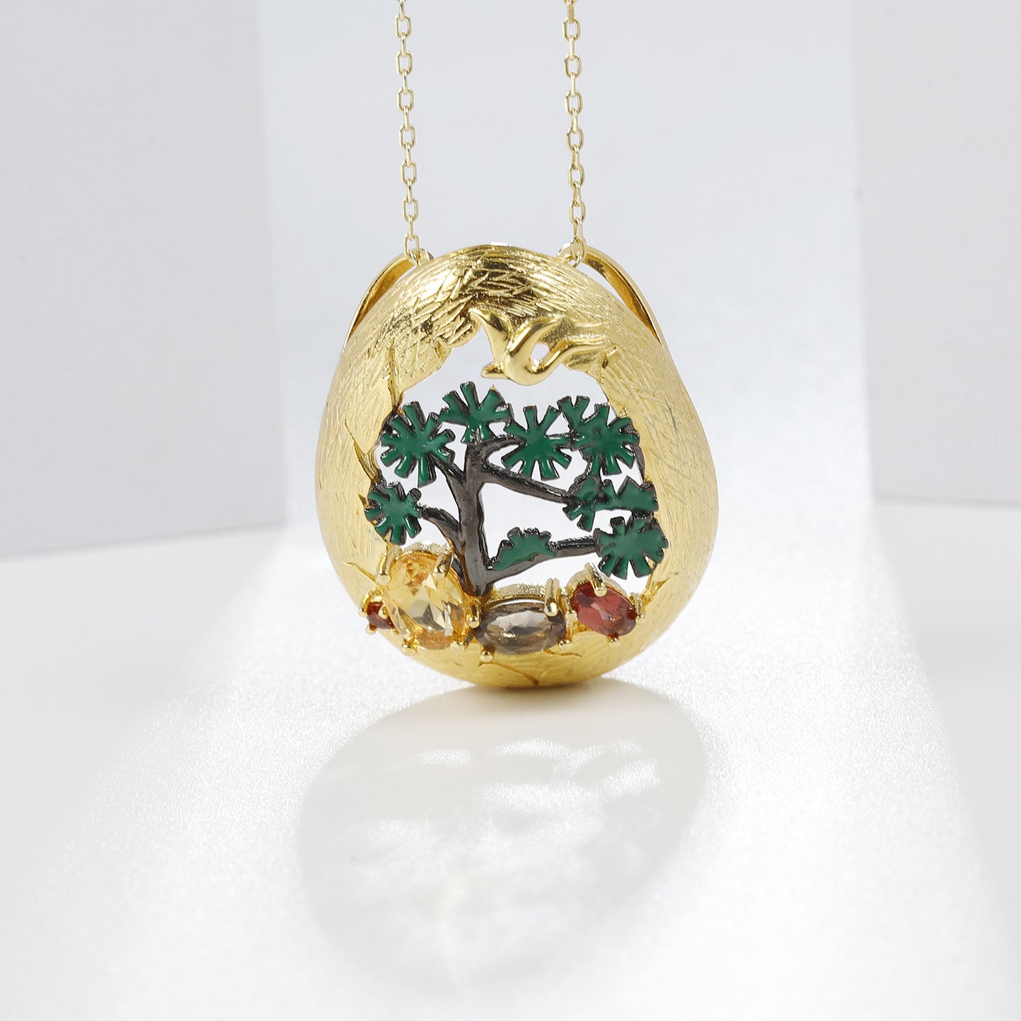 High-level Personality Natural Design Colorful Gemstone Egg Shape with Tree Pendant Silver Necklace for Women