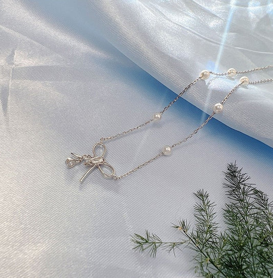 (Two Colours) White Zircon Bowknot with Beading Natural Pearl Pendants 925 Silver Collarbone Necklace for Women