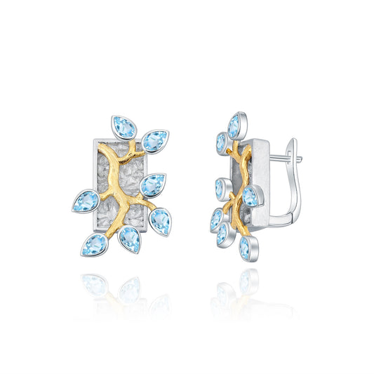 Natural Colourful Gemstones Flower and Branch Rectangle Silver Studs Earrings for Women