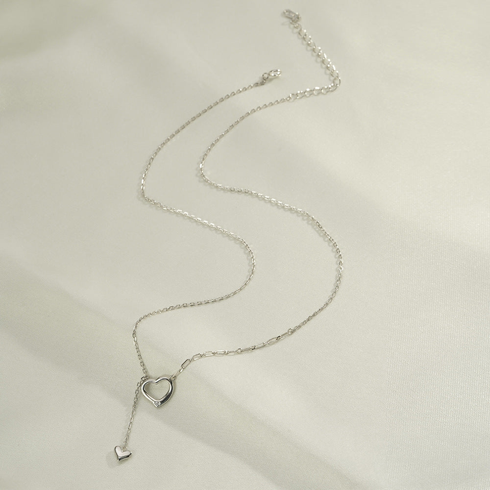 (Two Colours) White Zircon Double Hearts Pendants Adjustable 925 Silver Collarbone Necklace for Women
