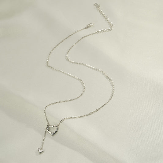 (Two Colours) White Zircon Double Hearts Pendants Adjustable 925 Silver Collarbone Necklace for Women