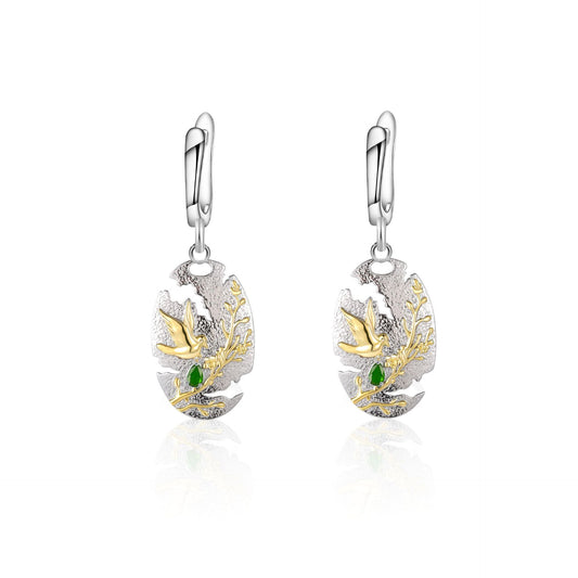 Bird In Garden Sterling Silver Drop Earrings for Women