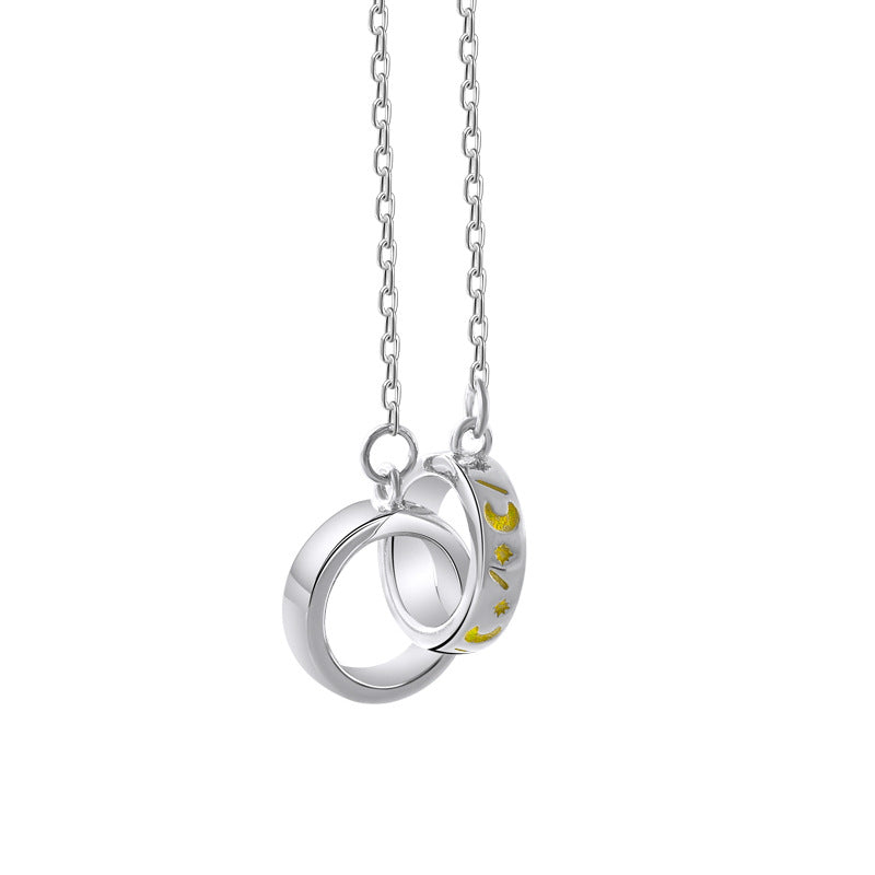 Double Circle Buckle Meteor Stars and Moon Silver Couple Necklace for Women