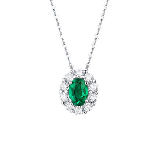 (1.0CT) Lab-Created Emerald Oval Ice Cut Soleste Halo Pendants Silver Necklace for Women