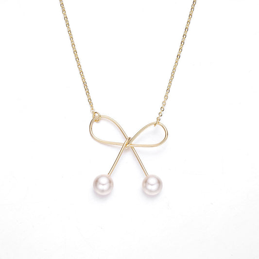 (Two Colours) Simplicity Bowknot with Pearls Pendants 925 Silver Collarbone Necklace for Women