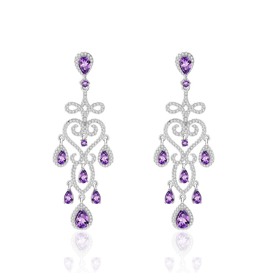French Romantic Style Inlaid Natural Amethyst Luxury Silver Drop Earrings for Women
