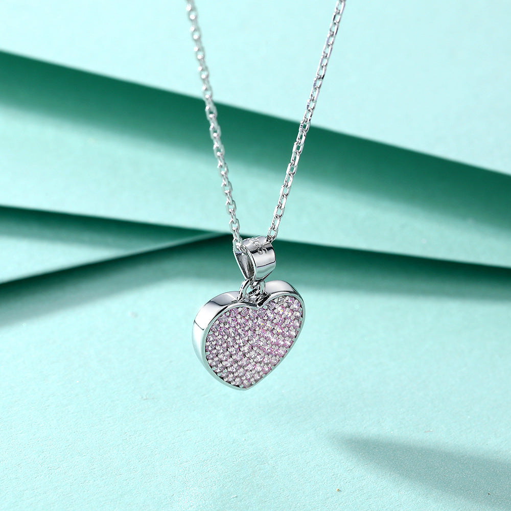 Full Pink Zircon Heart Pendant Silver Necklace for Women