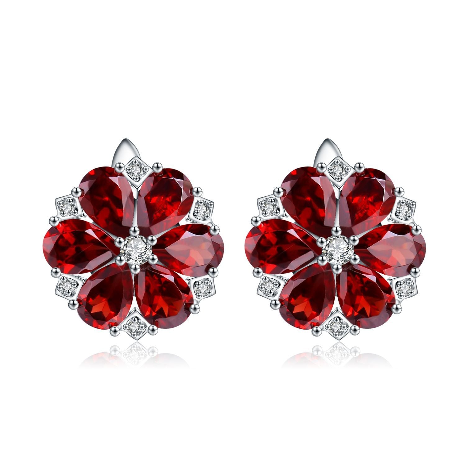 Natural Garnet Flower Design Silver Studs Earrings for Women