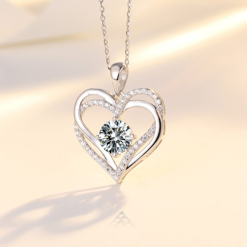 Double Hollow Heart with Round Zircon Pendant Silver Necklace for Women