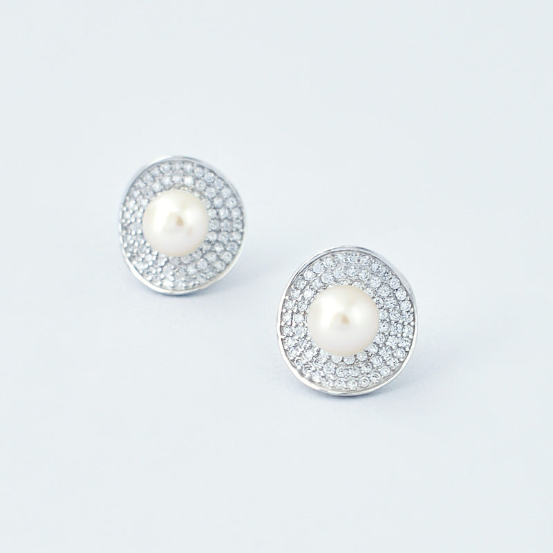 Curved Surface Full Zircon Freshwater Pearl Silver Stud Earrings for Women