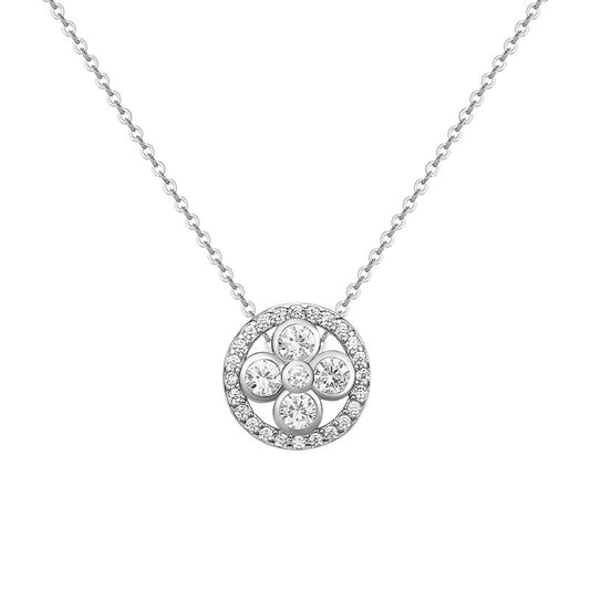 Zircon Circle Four-leaf Clover Silver Necklace for Women