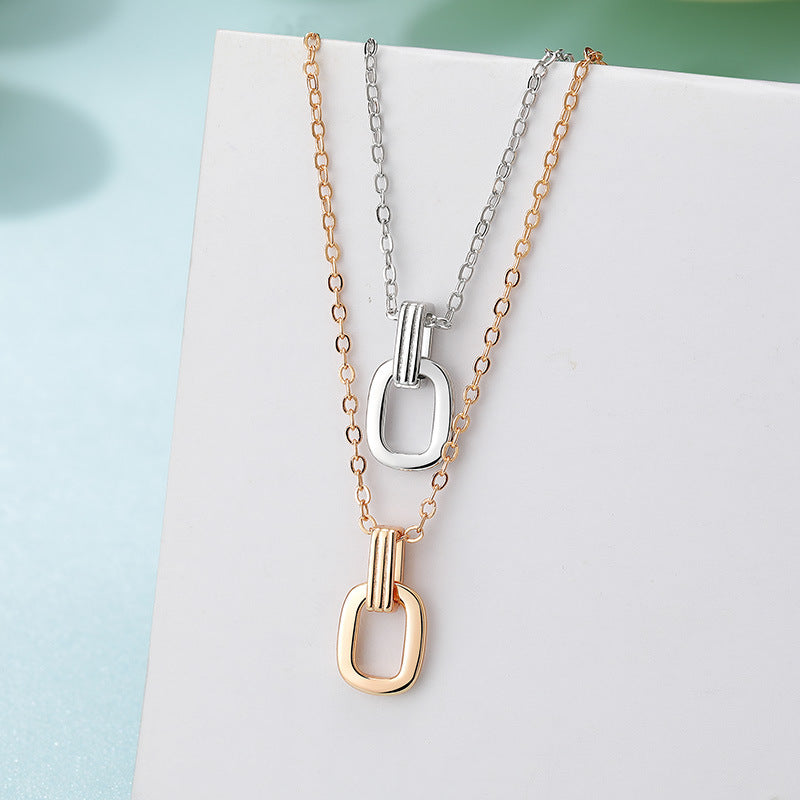 Double Rectangle Interlocking Pendant Silver Necklace for Women