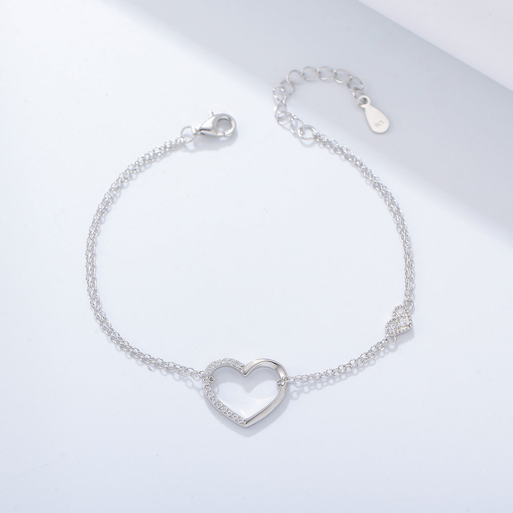 Heart-shaped with Half Zircon Silver Double-layer Bracelet for Women