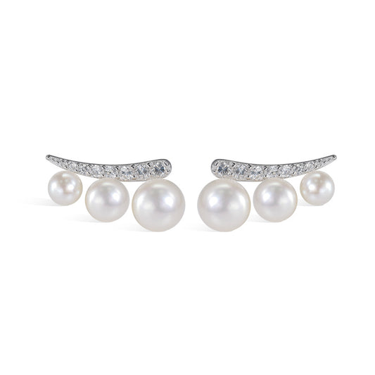 Three Freshwater Pearl with Zircon Silver Stud Earrings for Women