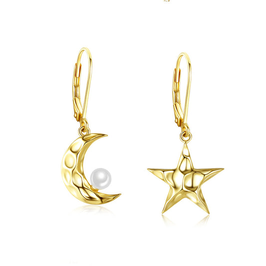 Bump Star and Moon with Pearl Asymmetric Silver Drop Earrings for Women