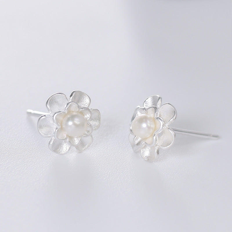 Frosting Flower with Freshwater Pearl Silver Earrings for Women