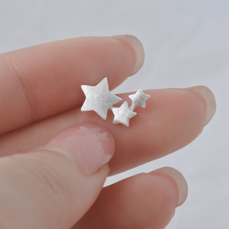 Brushed Three Stars Silver Stud Earrings for Women