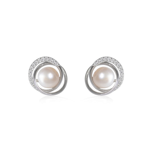 Freshwater Pearl Circling with zircon silver stud earrings for women