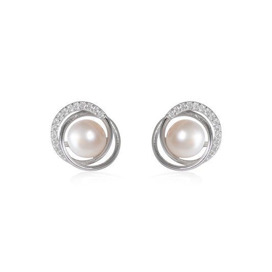 Freshwater Pearl Circling with zircon silver stud earrings for women