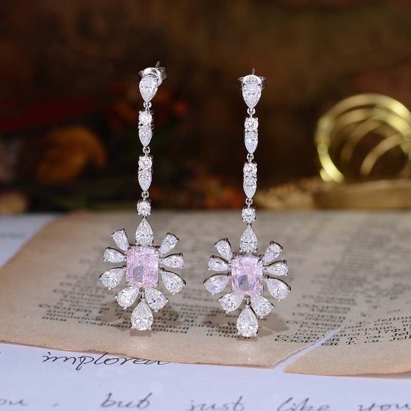 Pink Zircon 7*9mm Rectangle Ice Cut with Chain Annular Petals Silver Drop Earrings for Women