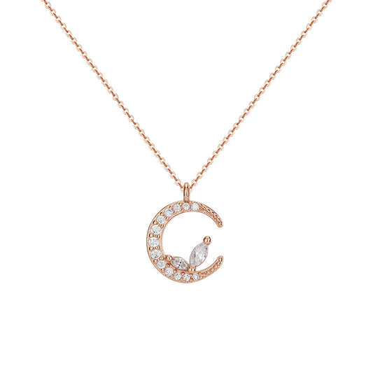 Crescent Moon with Marquise Zircon Silver Necklace for Women