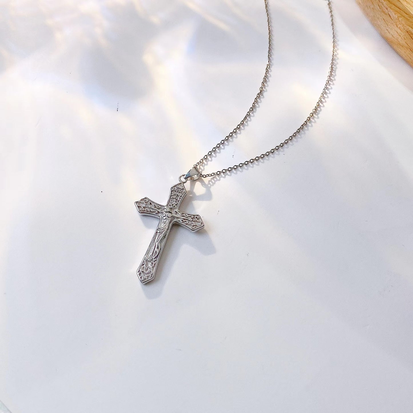 Jesus Cross with Decorative Pattern Pendant Silver Necklace for Women