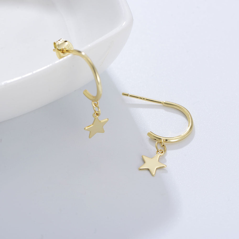 Star Pendant C-shaped Silver Studs Earrings for Women