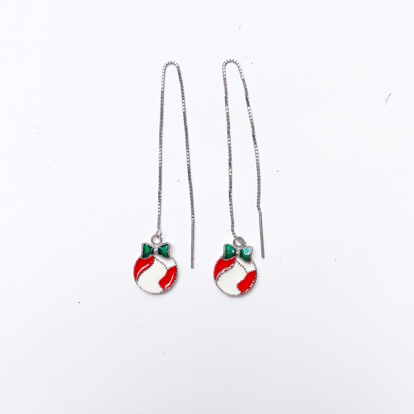Red and White Circle with Green Bow Ear Line Silver Drop Earrings for Women