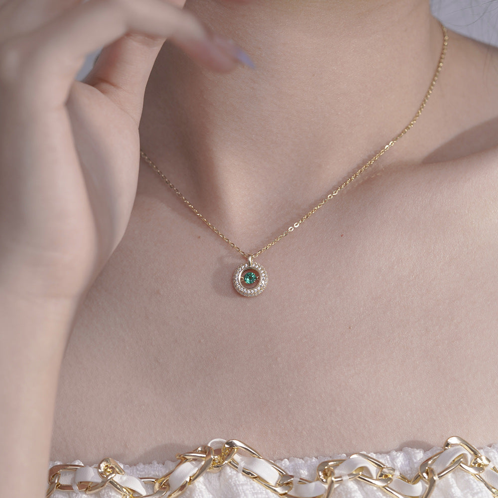 (Two Colours) White Zircon Circle Ring with Emerald Colour Ziron Pendants Silver Collarbone Necklace for Women