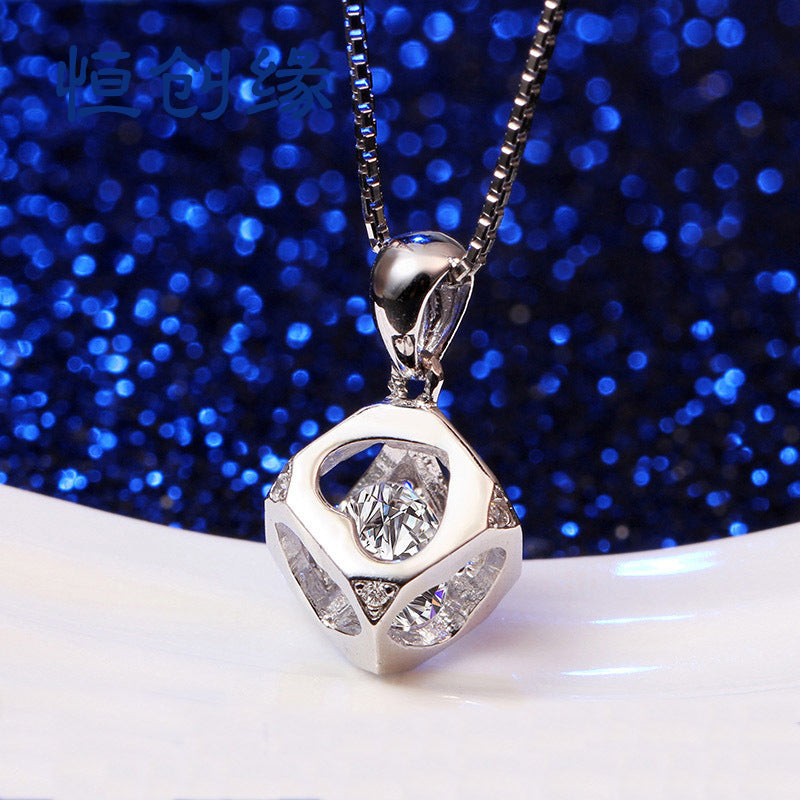 (Pendant Only) Valentine's Day Gift Love Hollow Cube with Zircon Silver Pendant  for Women