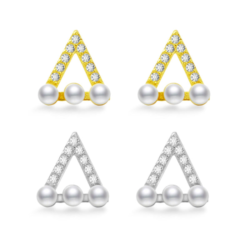 Hollow Zircon Triangle with Pearl Silver Stud Earrings for Women