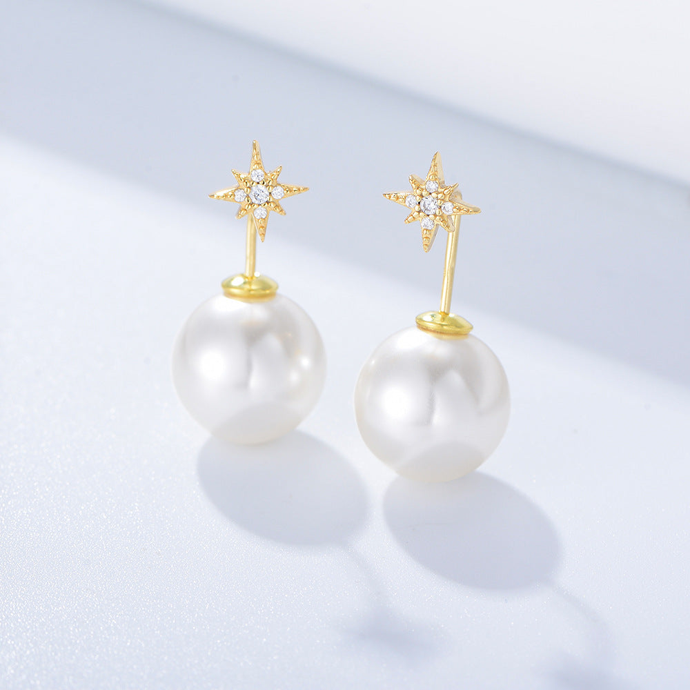 Ball Pearl with Star Zircon Silver Drop Earrings for Women
