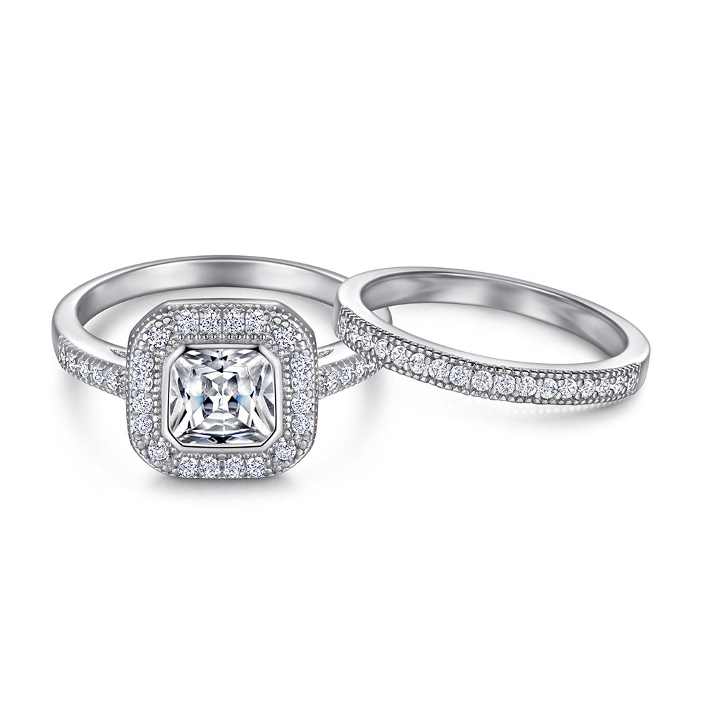 Princess Cut Zircon Soleste Halo with Half Eternity Silver Ring Set