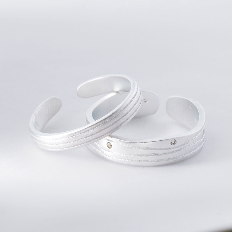 Sandblasting Corrugated Lines Pattern Silver Couple Ring