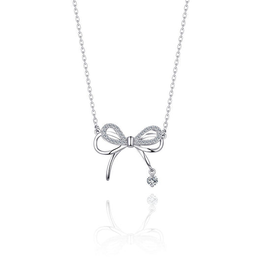 White Zircon Bowknot Pendants 925 Silver Collarbone Necklace for Women