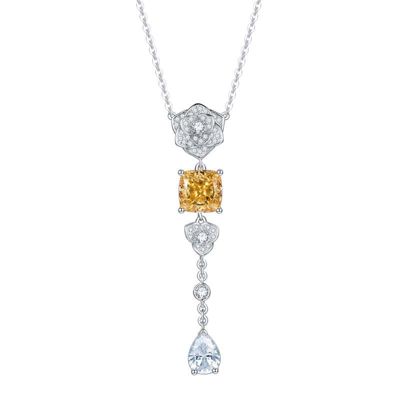 Yellow Zircon 8*8mm Cushion Ice Cut Camellia Silver Water Drop Pendants Necklace for Women