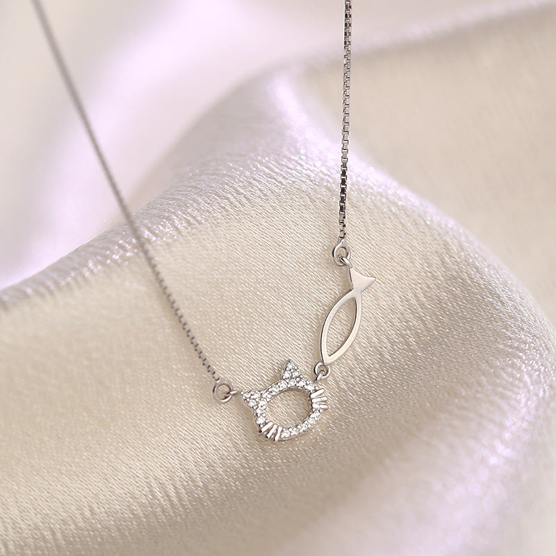 Zircon Cat and Fish Silver Necklace for Women