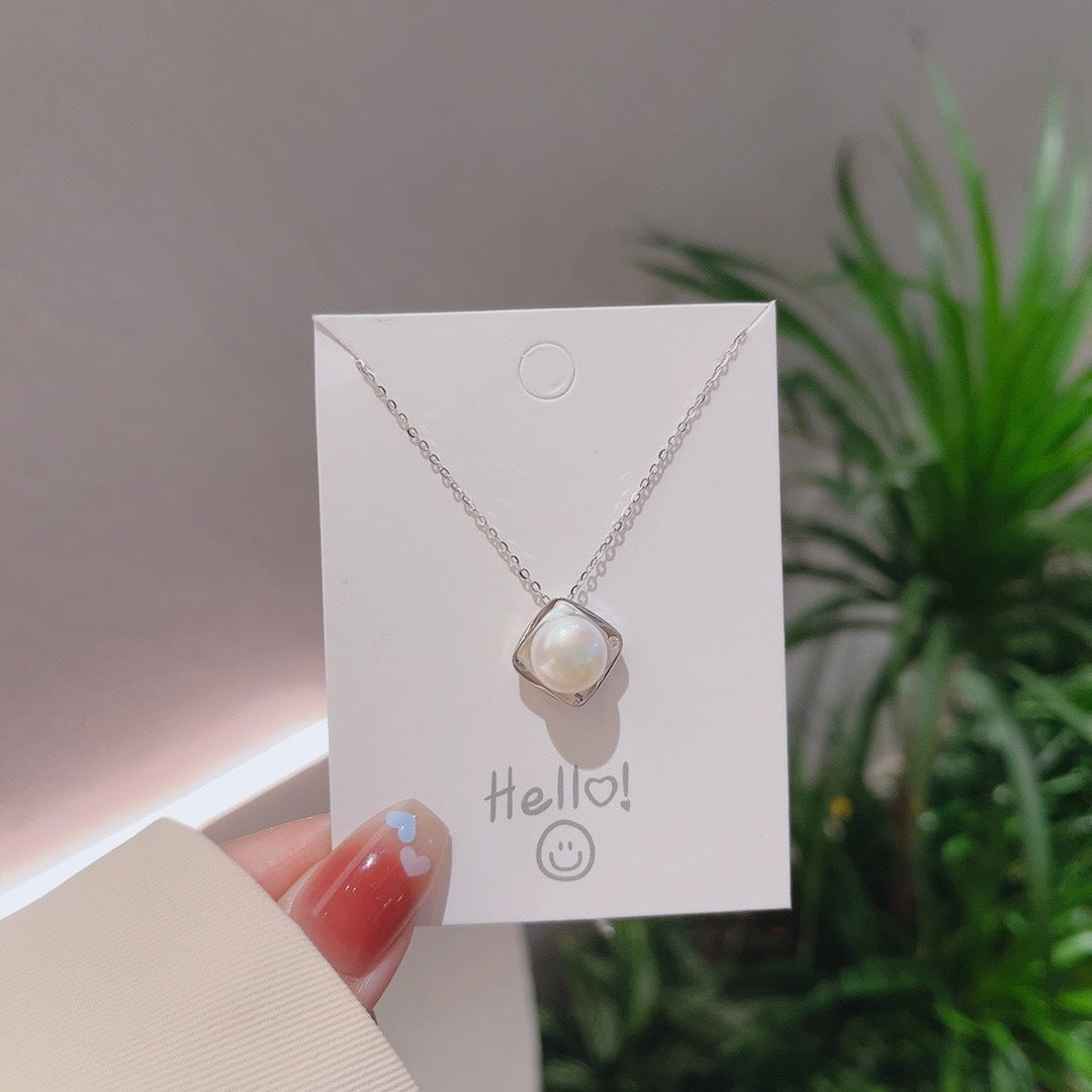Round Natural Pearl Square Pendant Silver Necklace for Women