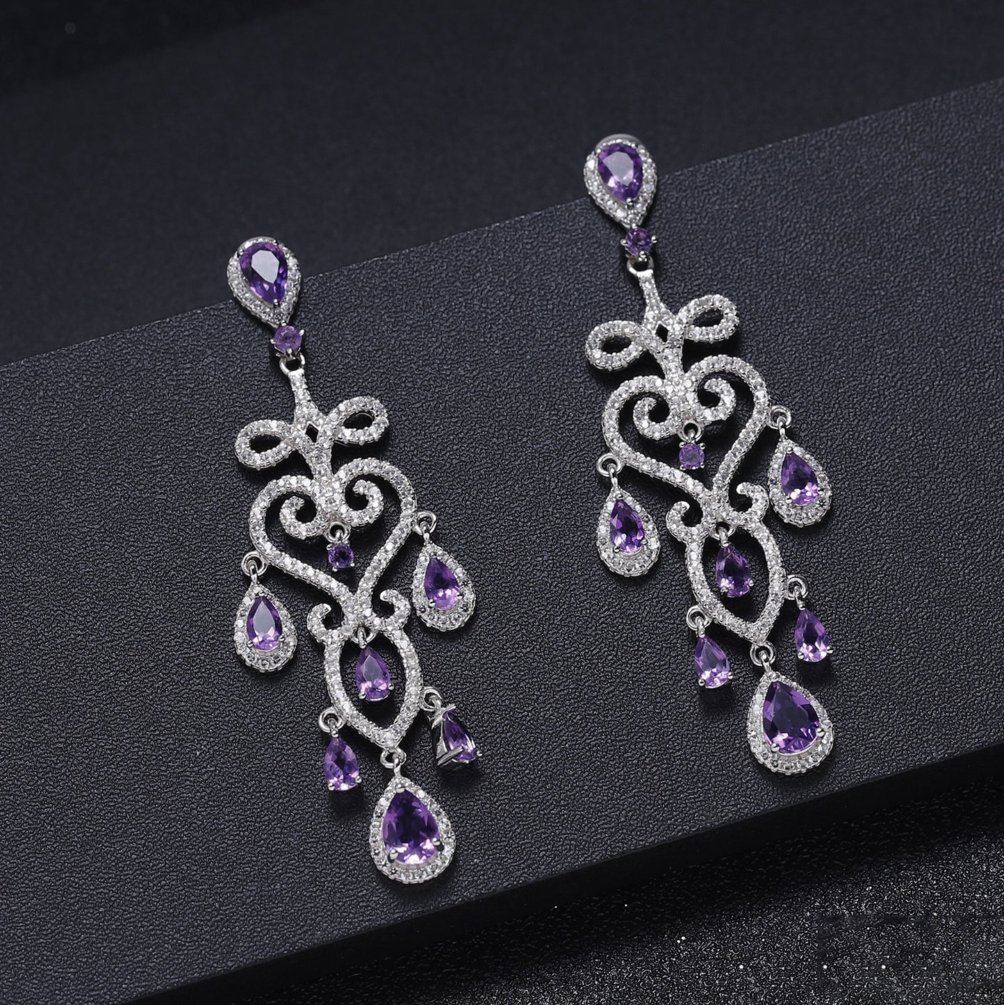 French Romantic Style Inlaid Natural Amethyst Luxury Silver Drop Earrings for Women