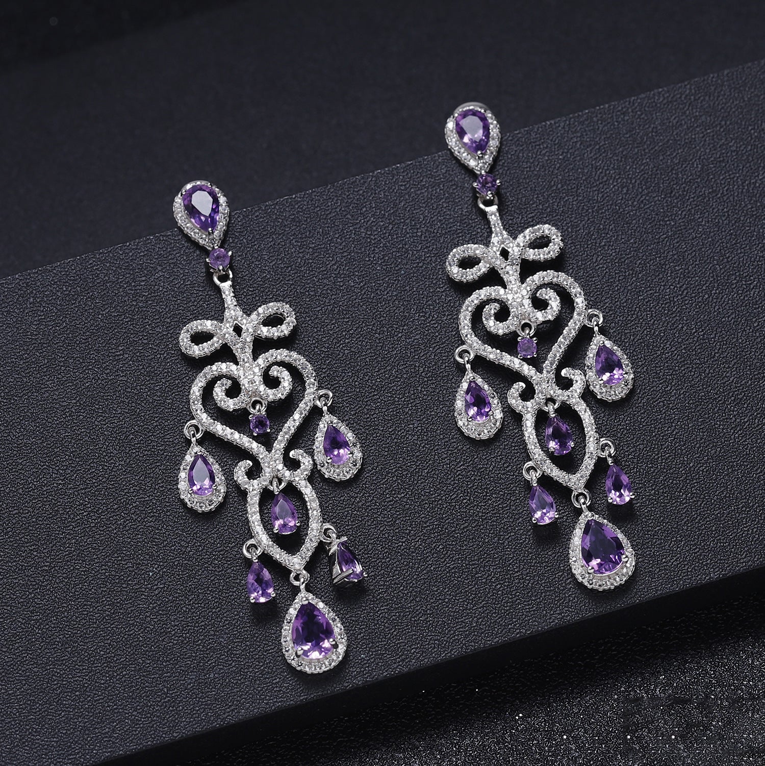 French Romantic Style Inlaid Natural Amethyst Luxury Silver Drop Earrings for Women