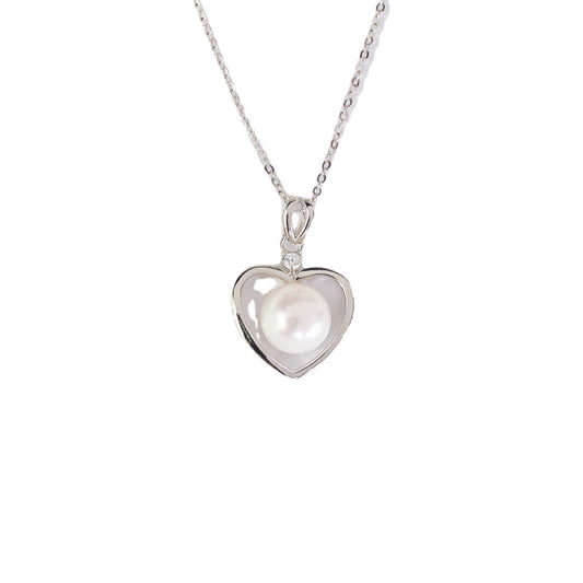 Hollow Heart with Round Pearl Pendant Silver Necklace for Women
