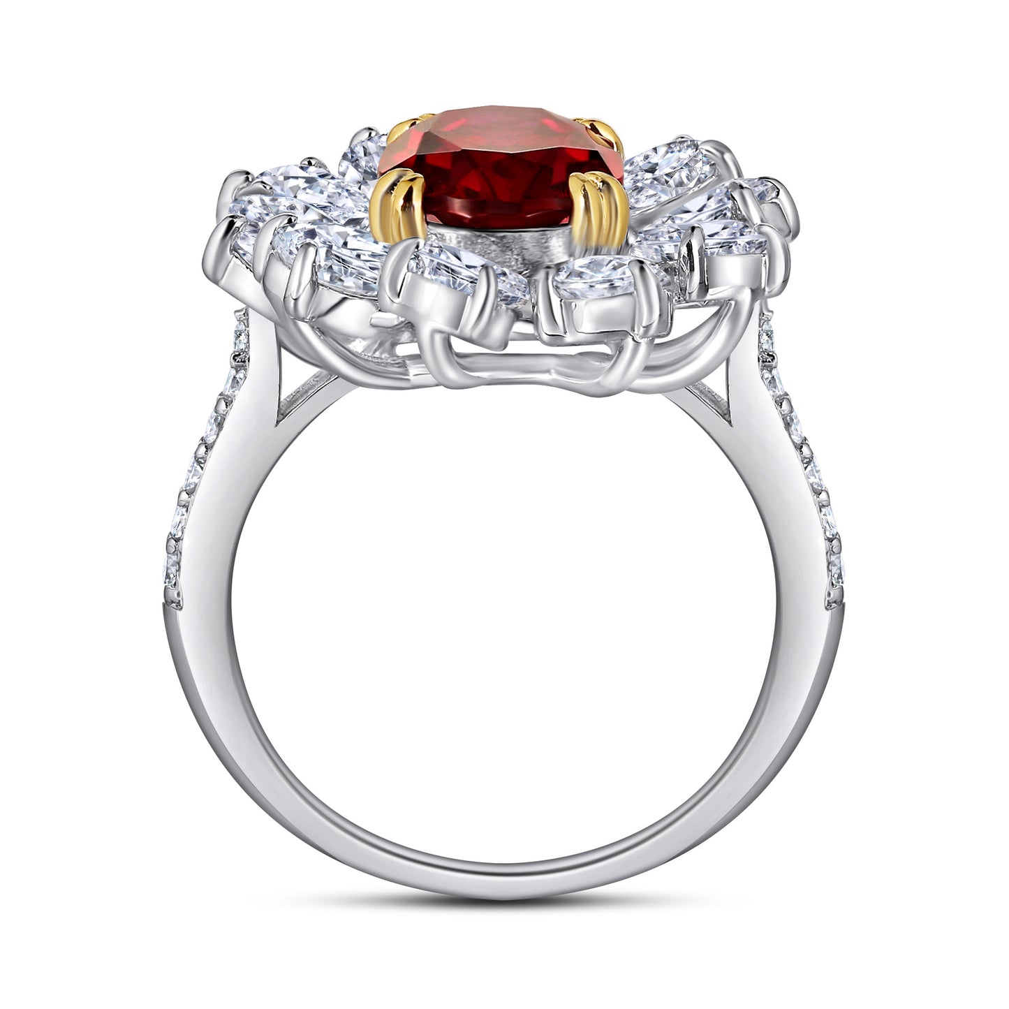 (3CT) Ice Cut Oval Red Zircon with Pear Drop Zircon Flower Silver Ring for Women