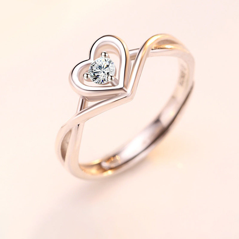 Hollow Heart with Round Zircon Silver Ring for Women