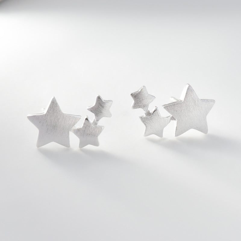Brushed Three Stars Silver Stud Earrings for Women
